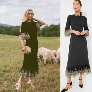 Tuckernuck Pomander Place Lilith Dress — Black Midi Dress with Gold Lace Trim